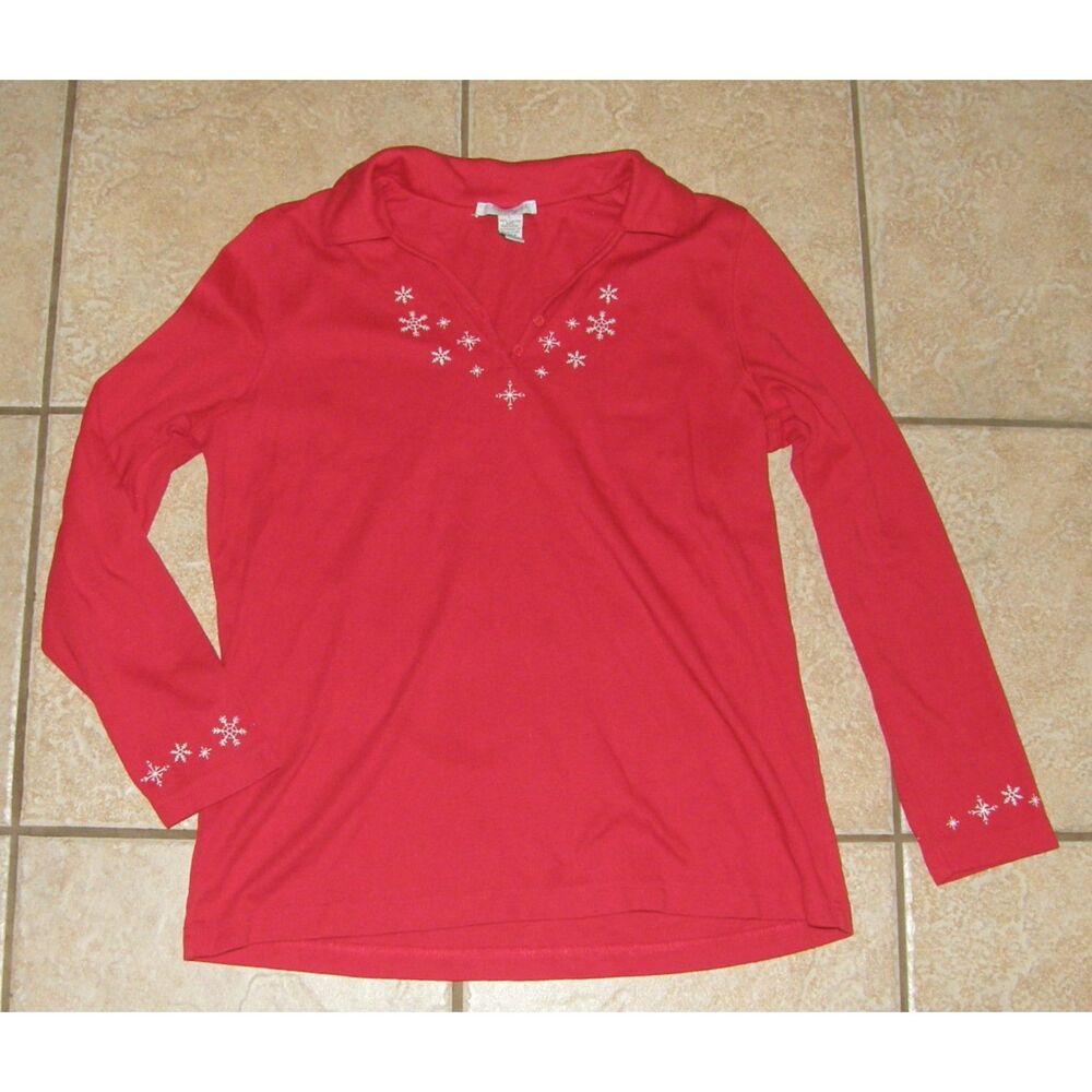 Red Sz Large Casual Wear Embroidered Snowflakes Tee Shirt MERCER STREET STUDIO